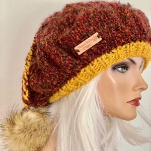 Hand Knits 2 Love Slouch Beanie Hat Faux Fur Pom